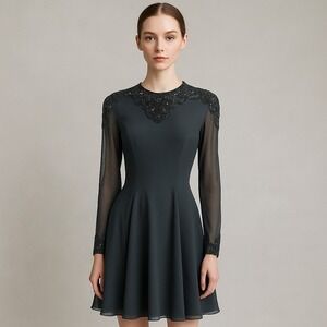 Vintage Black Beaded Sheer Sleeve Silk Fit & Flare Dress Size 6  Formal Cocktail